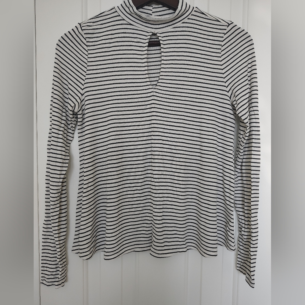 Striped Mockneck Top with Keyhole